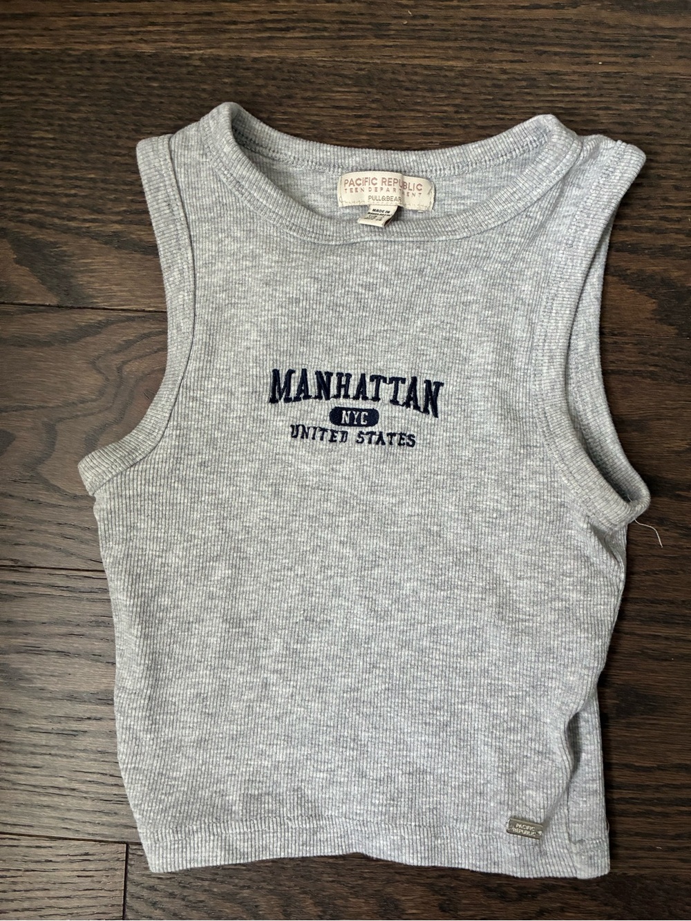 Pull&Bear Grey Ribbed Tank Top with Navy Logo